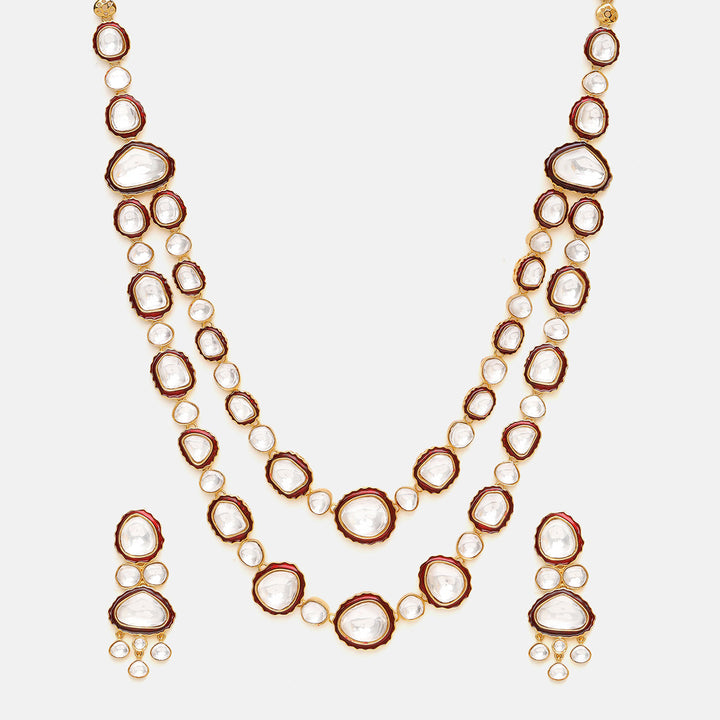 Red Meenakari Kundan Layered Necklace with Earrings & Maang Tikka | SHOBITAM