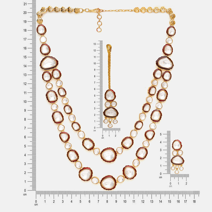 Red Meenakari Kundan Layered Necklace with Earrings & Maang Tikka | SHOBITAM