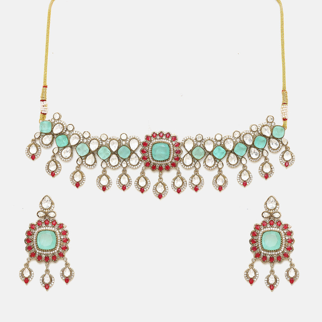 Stonework Moissanite Choker with Earrings| SHOBITAM
