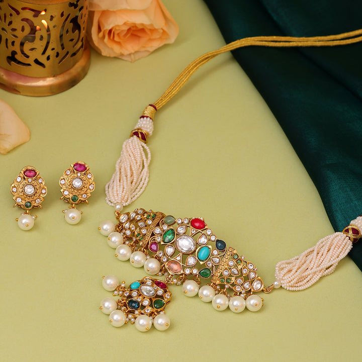 Navratan Kundan Choker with Stud Earrings | SHOBITAM