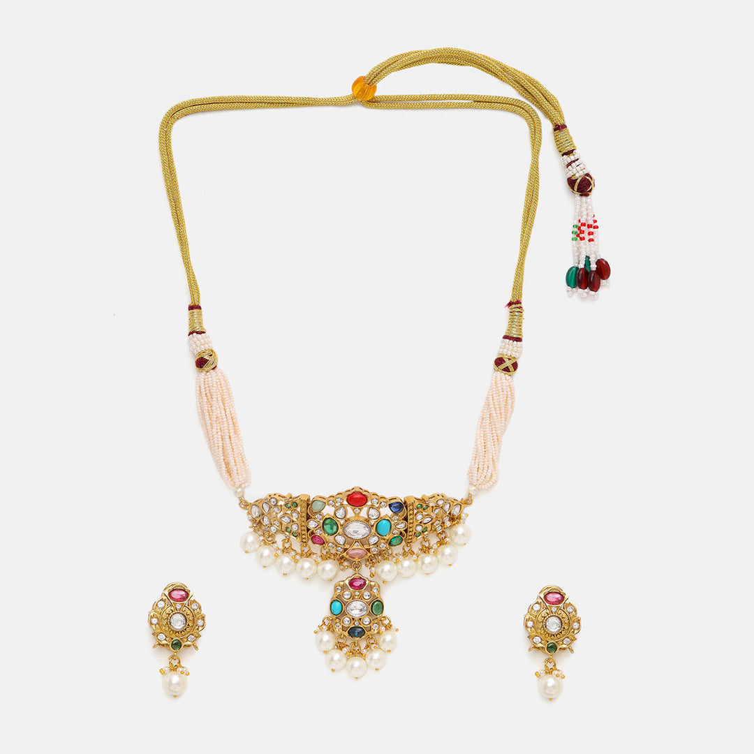Navratan Kundan Choker with Stud Earrings | SHOBITAM