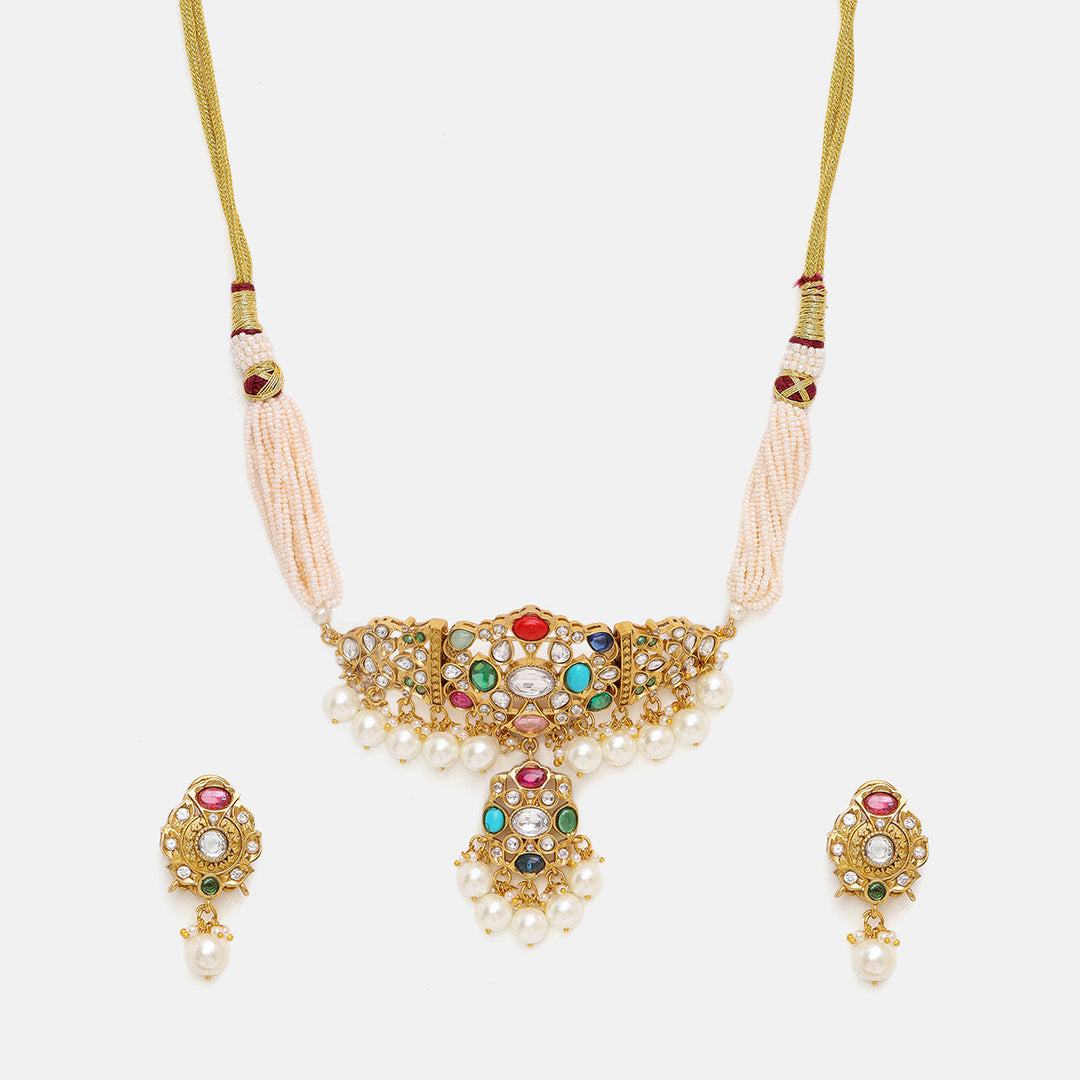 Navratan Kundan Choker with Stud Earrings | SHOBITAM