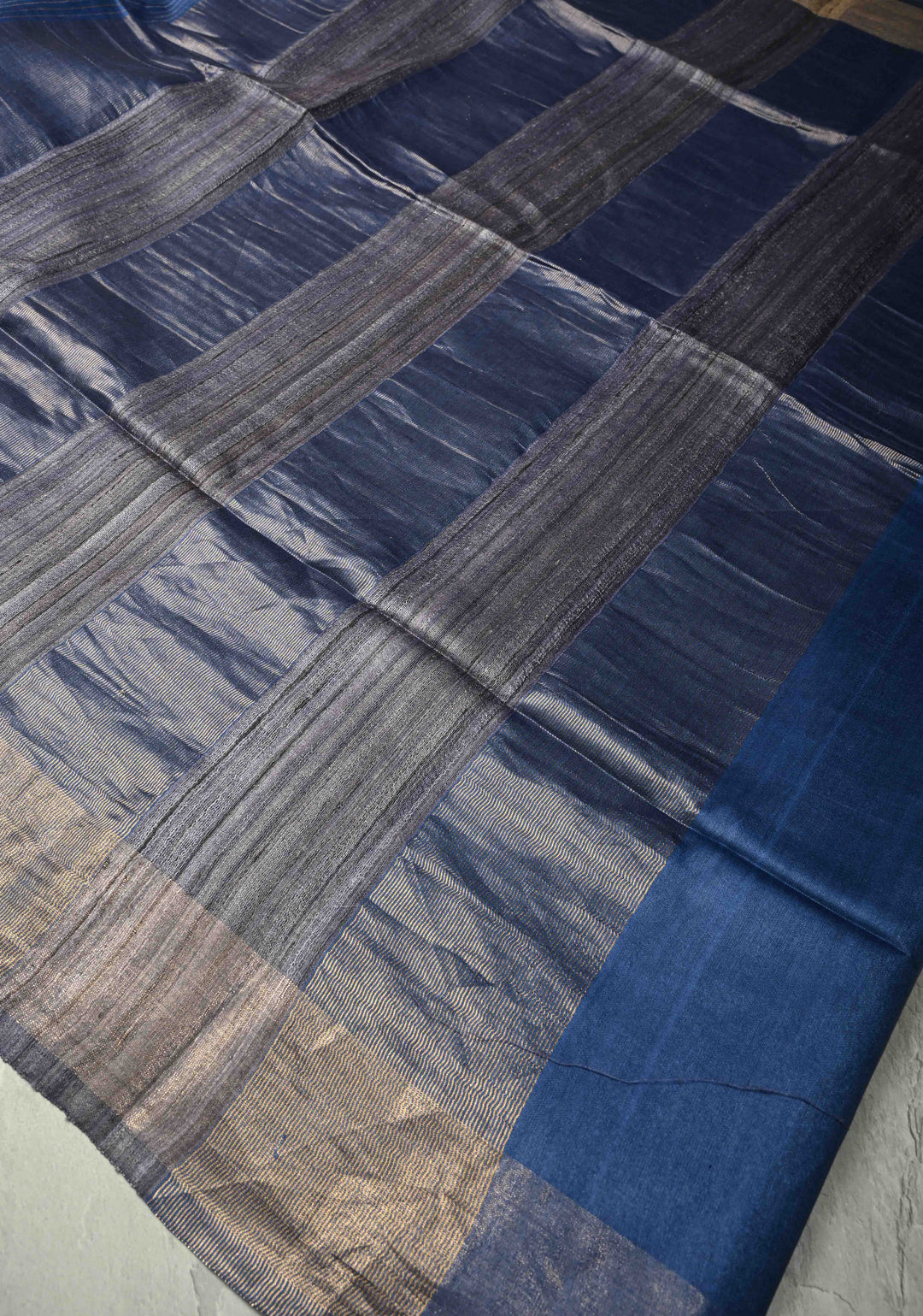 Ink Blue Handloom Tussar Silk Saree with Muted Zari Border and Panel Pallu | SILK MARK CERTIFIED
