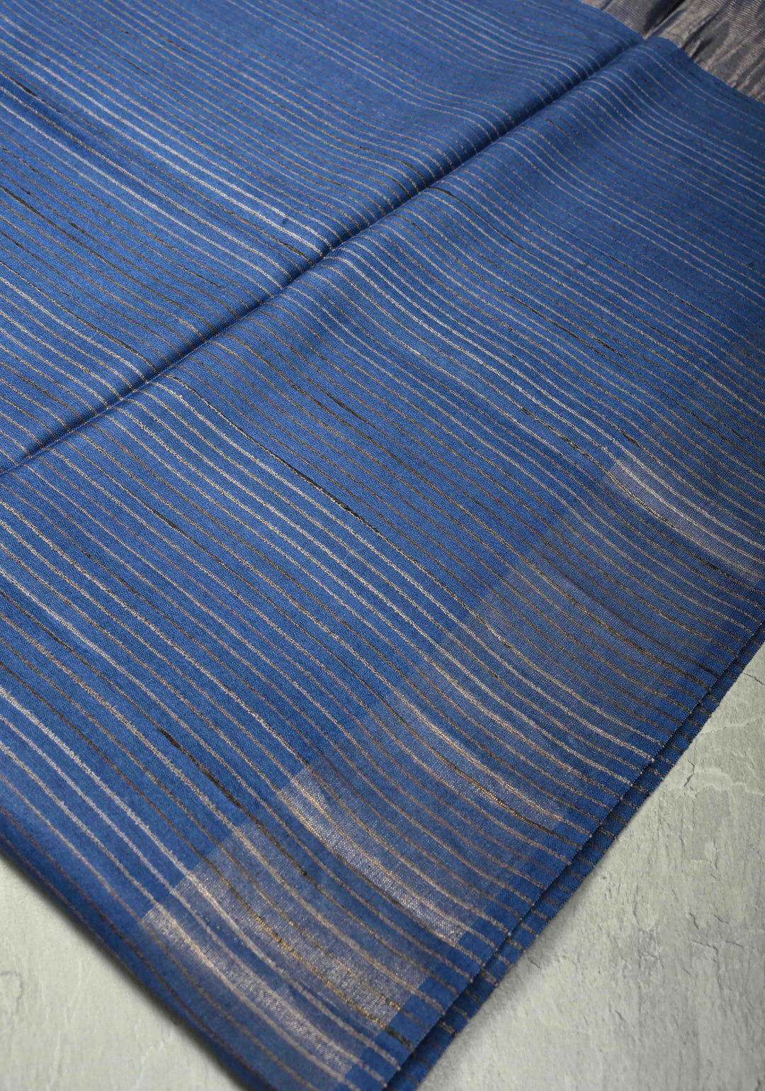 Ink Blue Handloom Tussar Silk Saree with Muted Zari Border and Panel Pallu | SILK MARK CERTIFIED