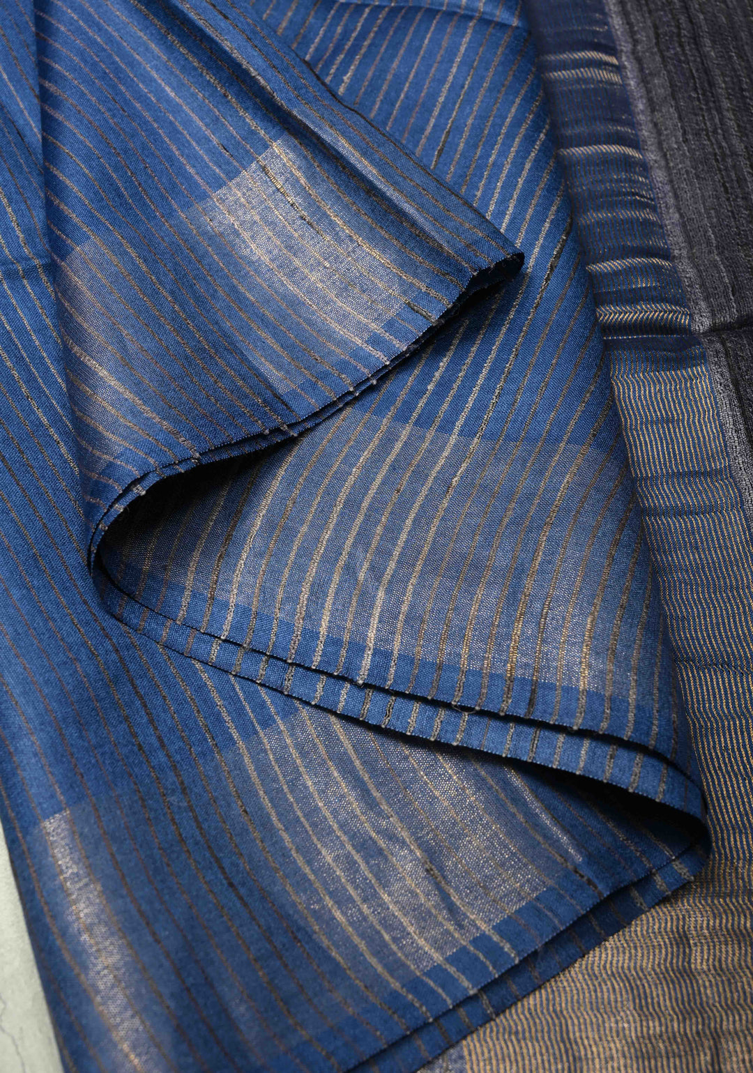 Ink Blue Handloom Tussar Silk Saree with Muted Zari Border and Panel Pallu | SILK MARK CERTIFIED