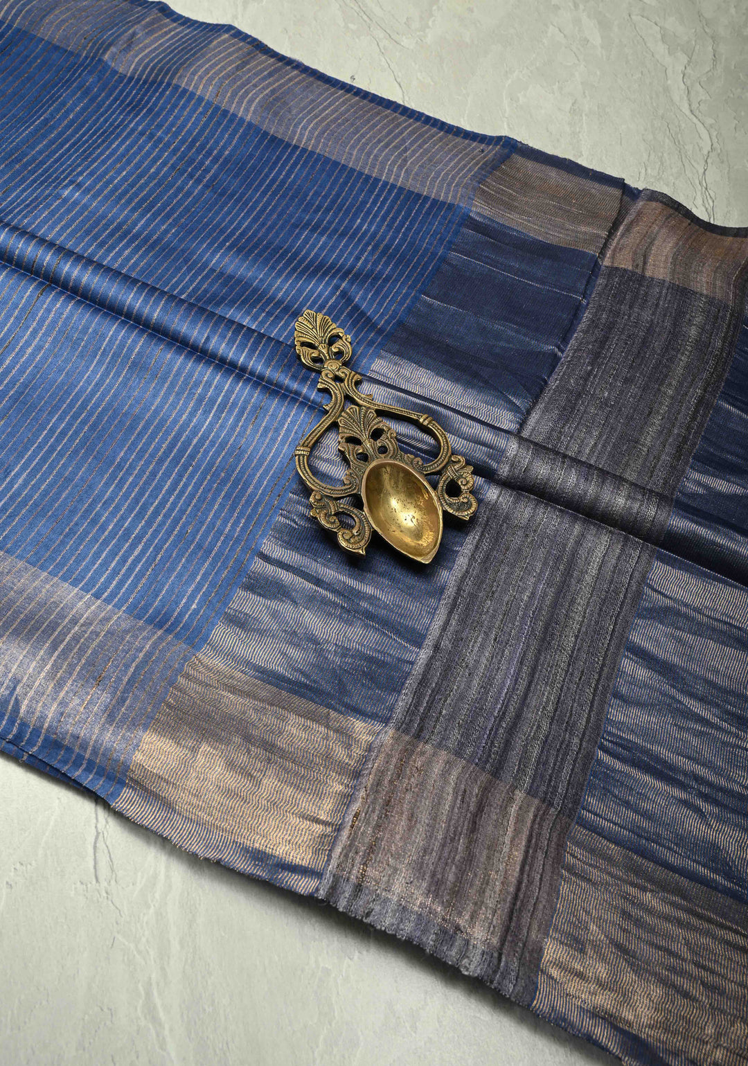 Ink Blue Handloom Tussar Silk Saree with Muted Zari Border and Panel Pallu | SILK MARK CERTIFIED
