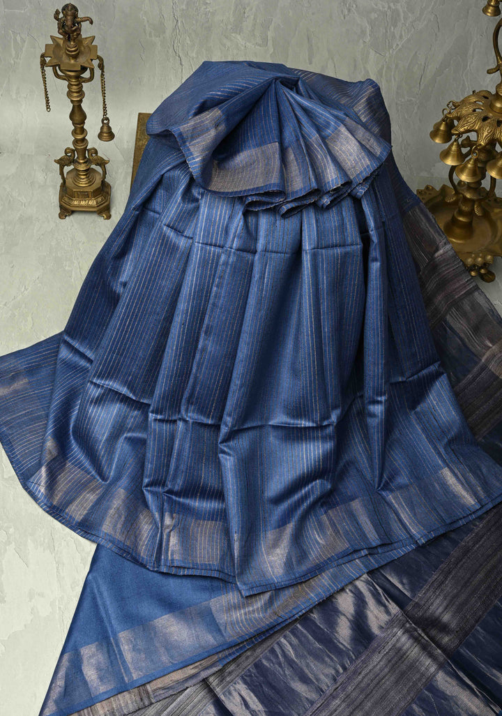 Ink Blue Handloom Tussar Silk Saree with Muted Zari Border and Panel Pallu | SILK MARK CERTIFIED