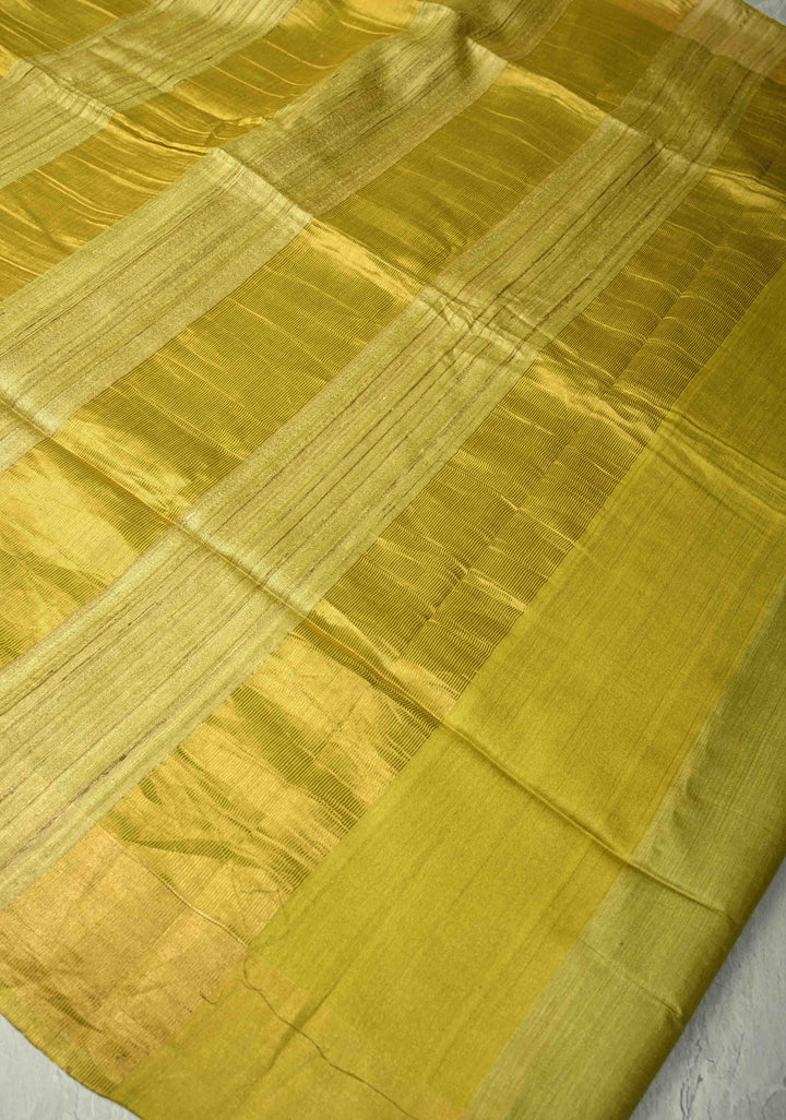 Musturd Yellow Handloom Tussar Silk Saree With Muted Zari Border and Panel Pallu | SILK MARK CERTIFIED