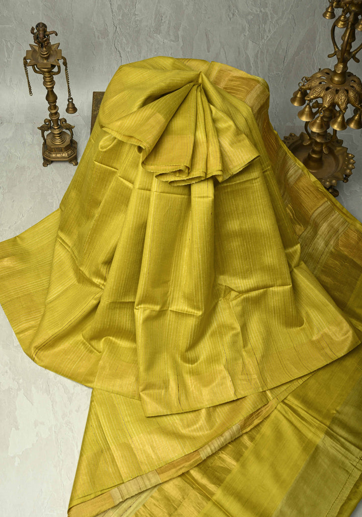 Musturd Yellow Handloom Tussar Silk Saree With Muted Zari Border and Panel Pallu | SILK MARK CERTIFIED