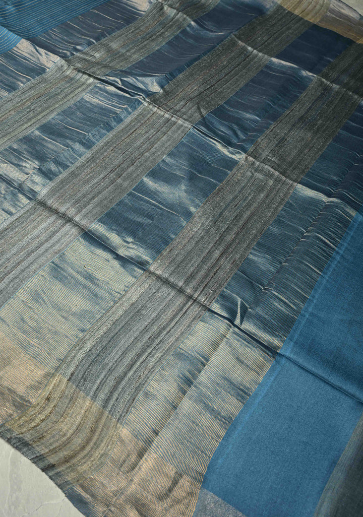 Slate Blue Handloom Tussar Silk Saree with Muted Zari Border and Panel Pallu | SILK MARK CERTIFIED