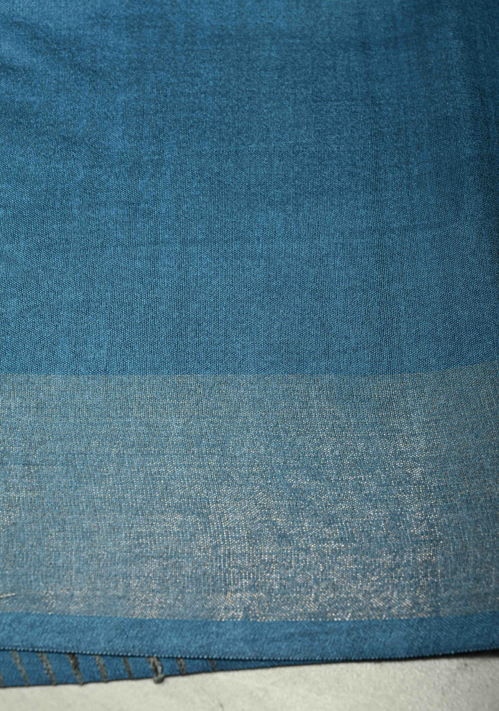 Slate Blue Handloom Tussar Silk Saree with Muted Zari Border and Panel Pallu | SILK MARK CERTIFIED