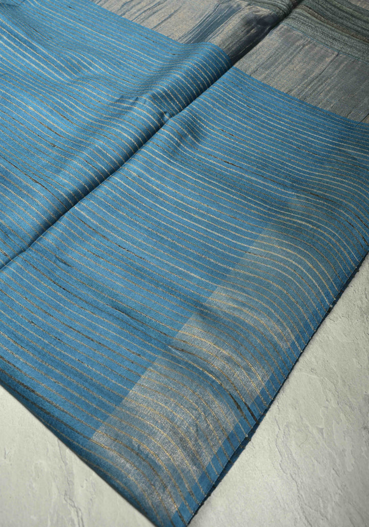 Slate Blue Handloom Tussar Silk Saree with Muted Zari Border and Panel Pallu | SILK MARK CERTIFIED