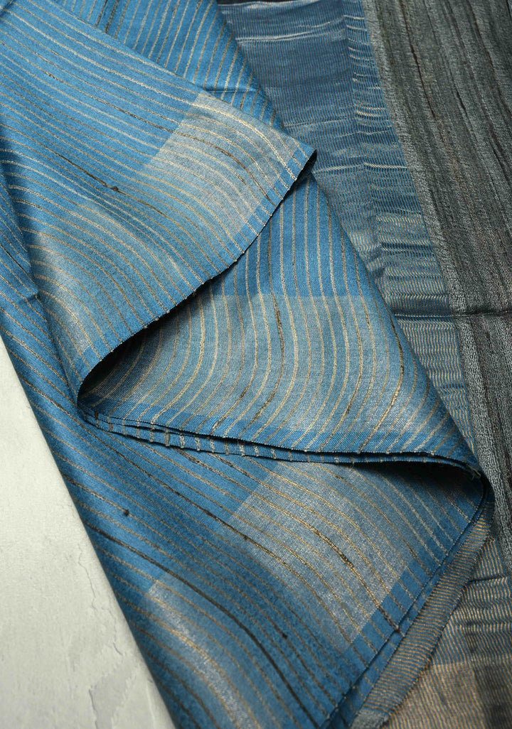 Slate Blue Handloom Tussar Silk Saree with Muted Zari Border and Panel Pallu | SILK MARK CERTIFIED