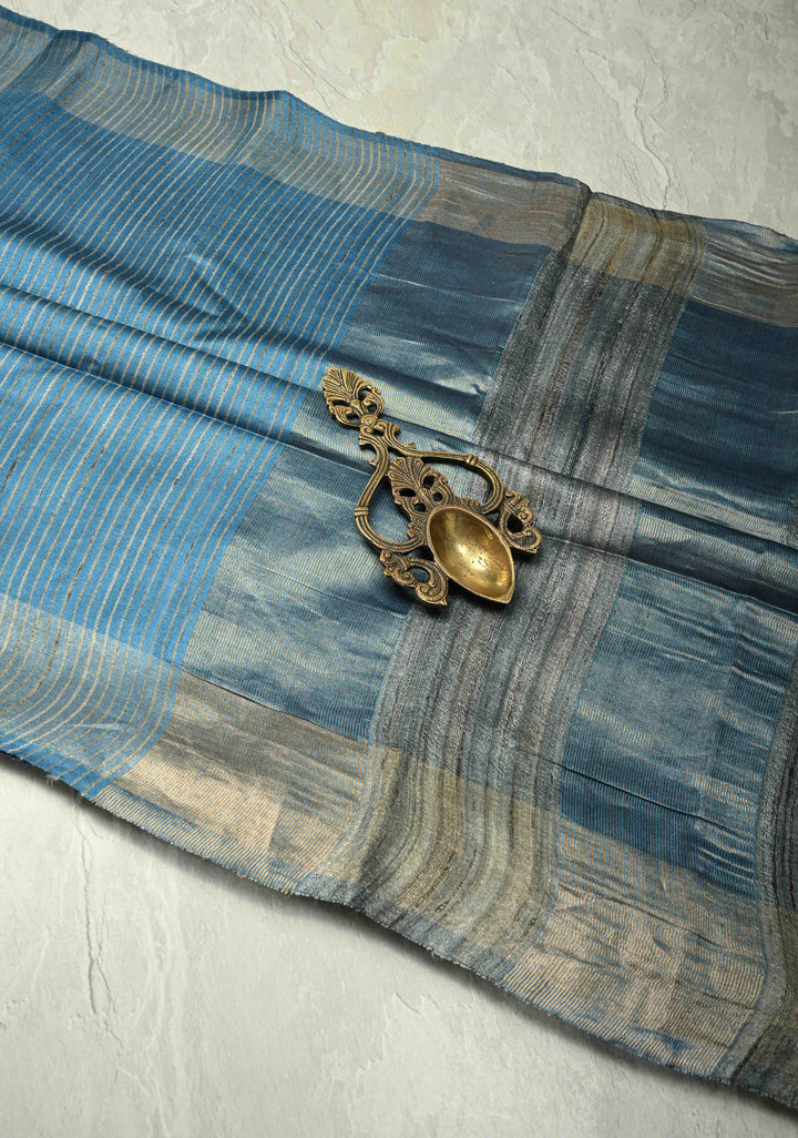 Slate Blue Handloom Tussar Silk Saree with Muted Zari Border and Panel Pallu | SILK MARK CERTIFIED