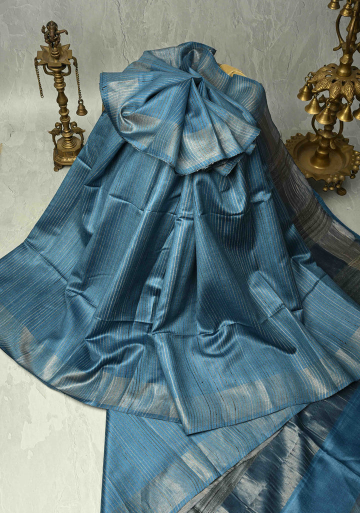 Slate Blue Handloom Tussar Silk Saree with Muted Zari Border and Panel Pallu | SILK MARK CERTIFIED