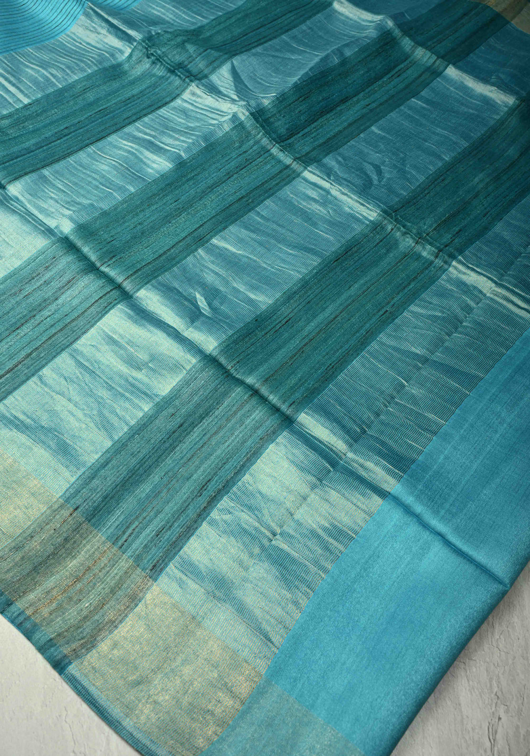 Turquoise Handloom Tussar Silk Saree With Muted Zari Border and Panel Pallu | SILK MARK CERTIFIED