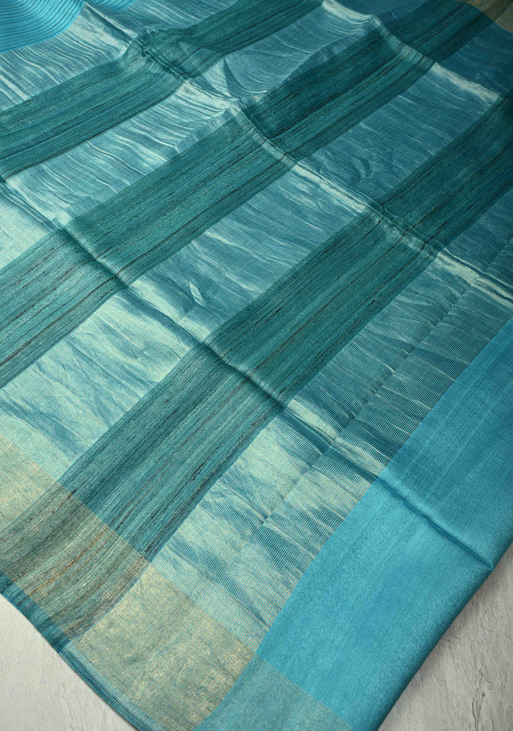 Turquoise Handloom Tussar Silk Saree With Muted Zari Border and Panel Pallu | SILK MARK CERTIFIED