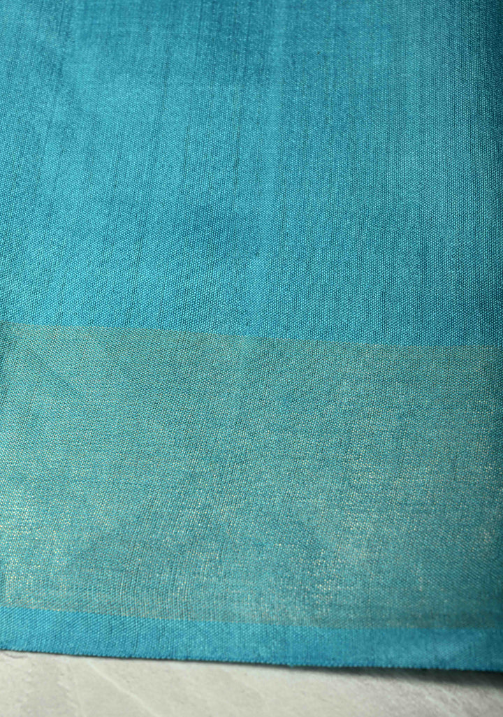 Turquoise Handloom Tussar Silk Saree With Muted Zari Border and Panel Pallu | SILK MARK CERTIFIED