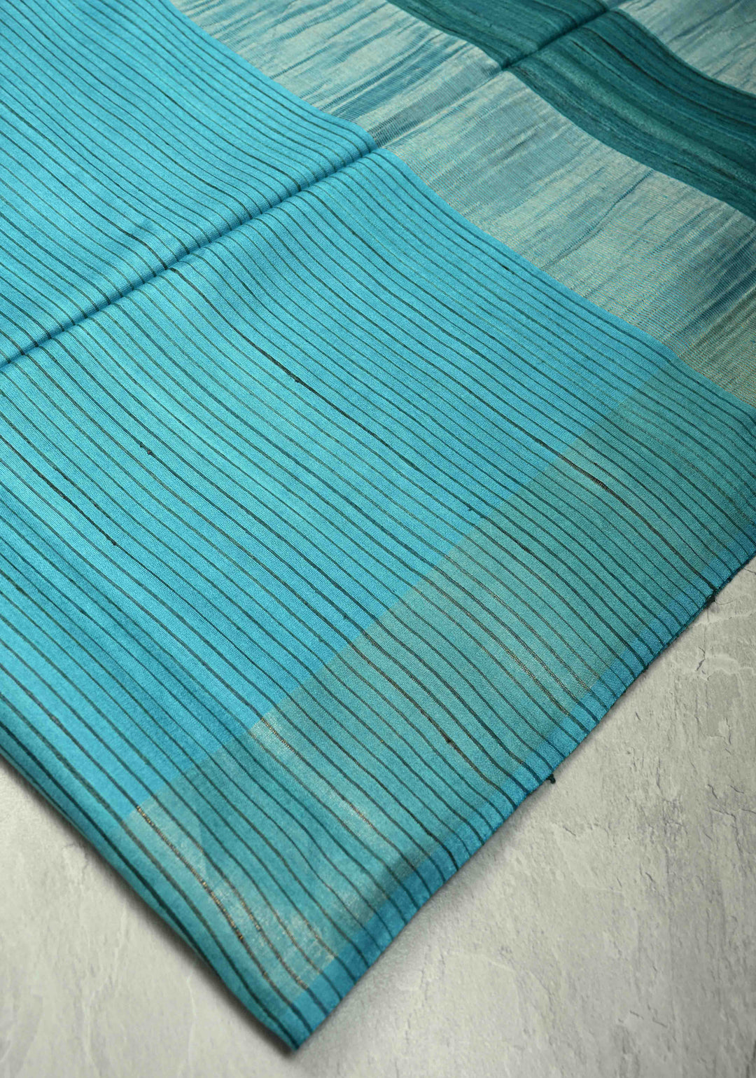 Turquoise Handloom Tussar Silk Saree With Muted Zari Border and Panel Pallu | SILK MARK CERTIFIED