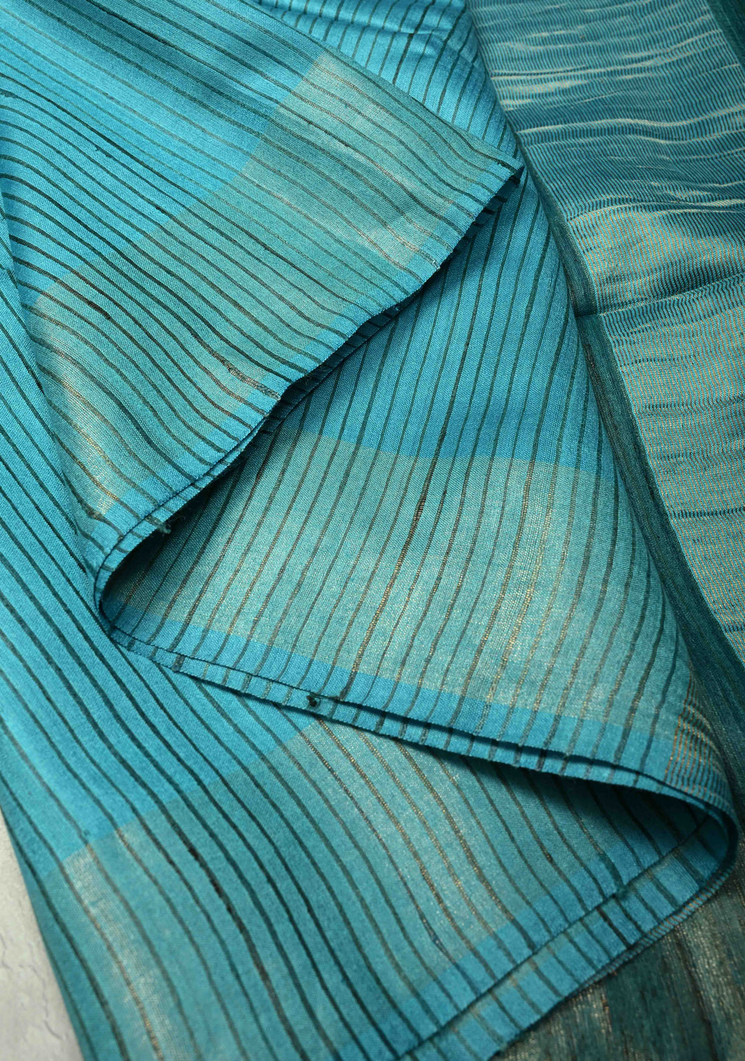 Turquoise Handloom Tussar Silk Saree With Muted Zari Border and Panel Pallu | SILK MARK CERTIFIED