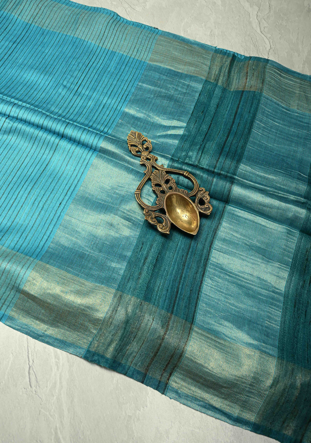 Turquoise Handloom Tussar Silk Saree With Muted Zari Border and Panel Pallu | SILK MARK CERTIFIED