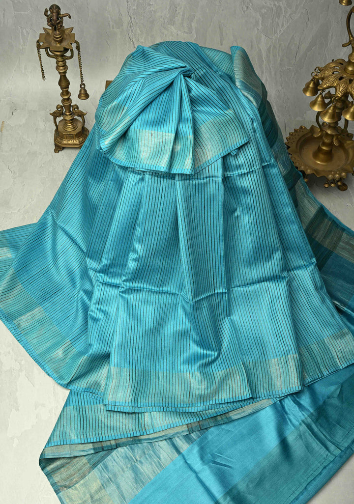 Turquoise Handloom Tussar Silk Saree With Muted Zari Border and Panel Pallu | SILK MARK CERTIFIED