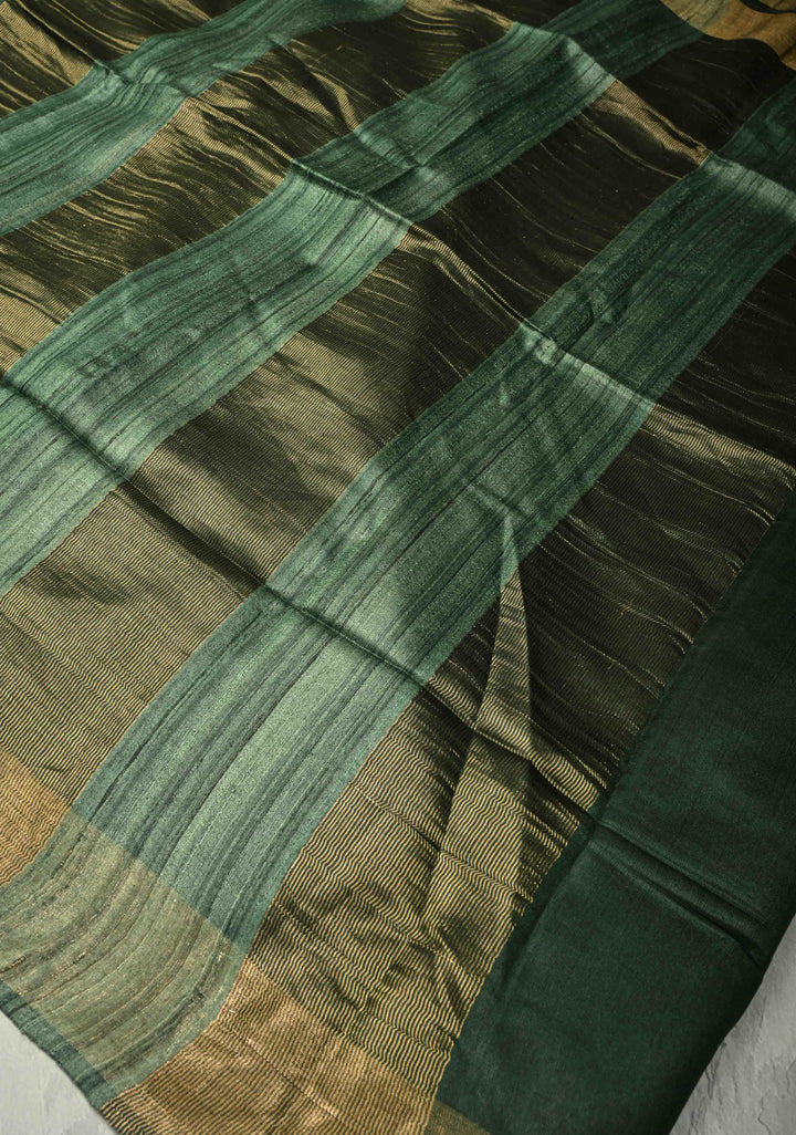 Deep Green Handloom Tussar Silk Saree with Muted Zari Border and Panel Pallu | SILK MARK CERTIFIED