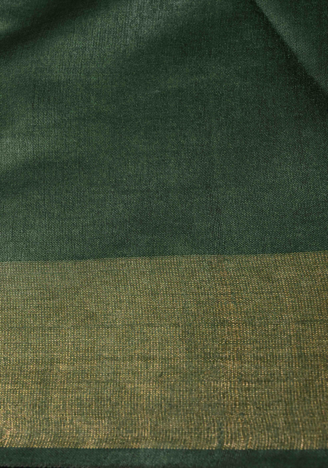 Deep Green Handloom Tussar Silk Saree with Muted Zari Border and Panel Pallu | SILK MARK CERTIFIED