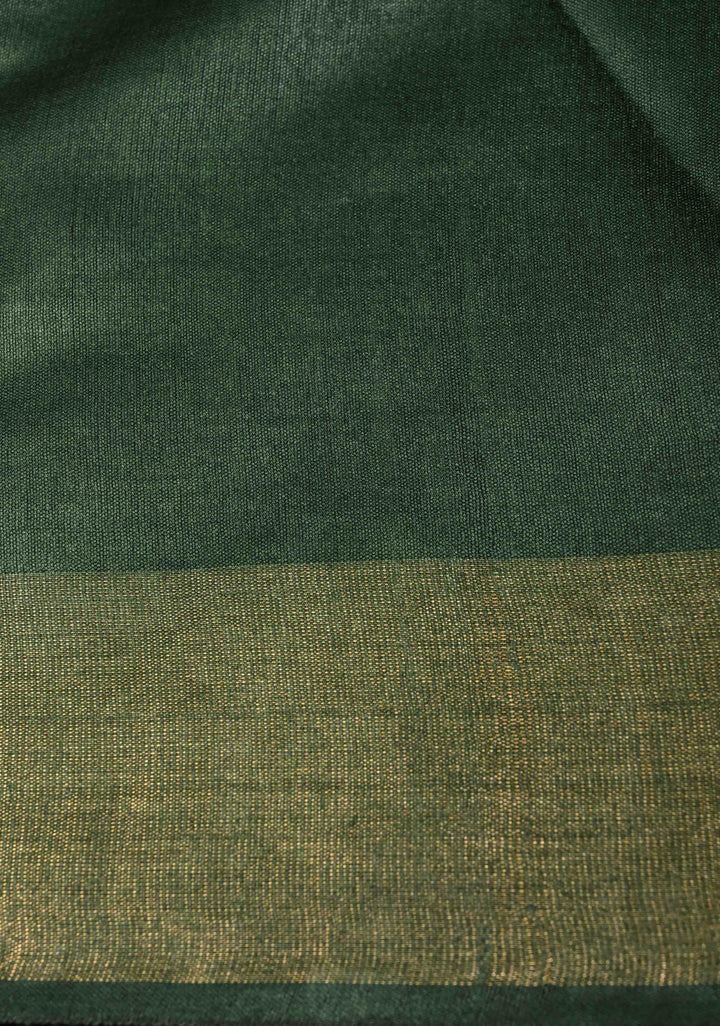 Deep Green Handloom Tussar Silk Saree with Muted Zari Border and Panel Pallu | SILK MARK CERTIFIED