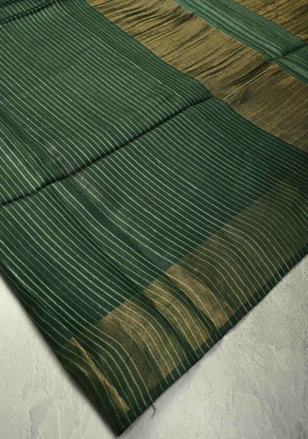 Deep Green Handloom Tussar Silk Saree with Muted Zari Border and Panel Pallu | SILK MARK CERTIFIED