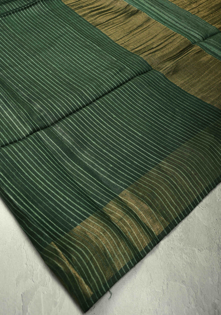 Deep Green Handloom Tussar Silk Saree with Muted Zari Border and Panel Pallu | SILK MARK CERTIFIED