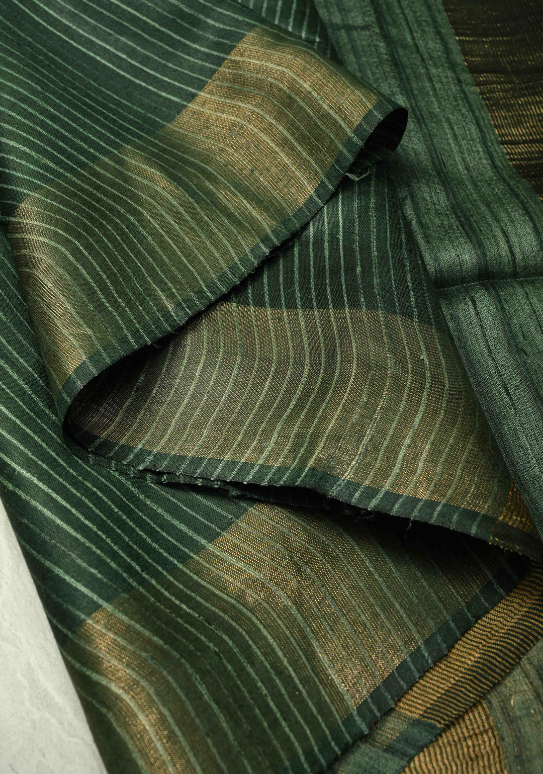 Deep Green Handloom Tussar Silk Saree with Muted Zari Border and Panel Pallu | SILK MARK CERTIFIED