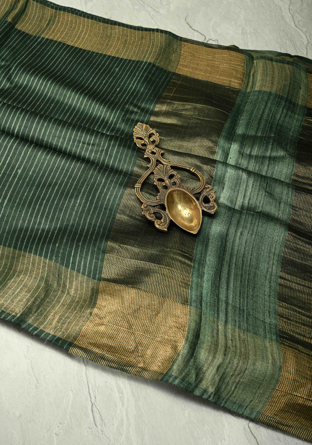 Deep Green Handloom Tussar Silk Saree with Muted Zari Border and Panel Pallu | SILK MARK CERTIFIED