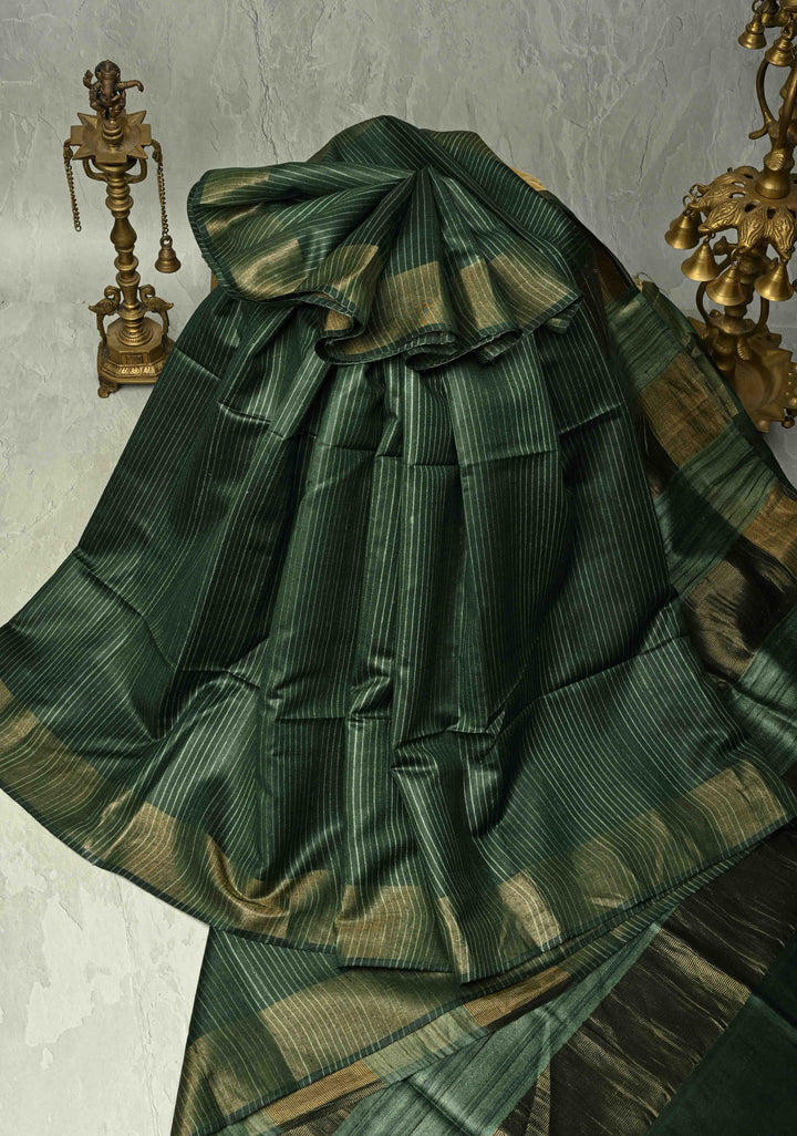Deep Green Handloom Tussar Silk Saree with Muted Zari Border and Panel Pallu | SILK MARK CERTIFIED