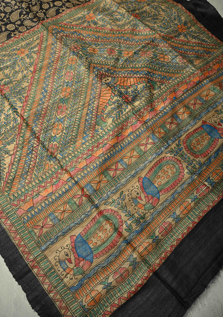 Black Pure Handloom Tussar Silk Saree with Block Print and Madhubani Hand-Painted on Border-Pallu | SILK MARK CERTIFIED