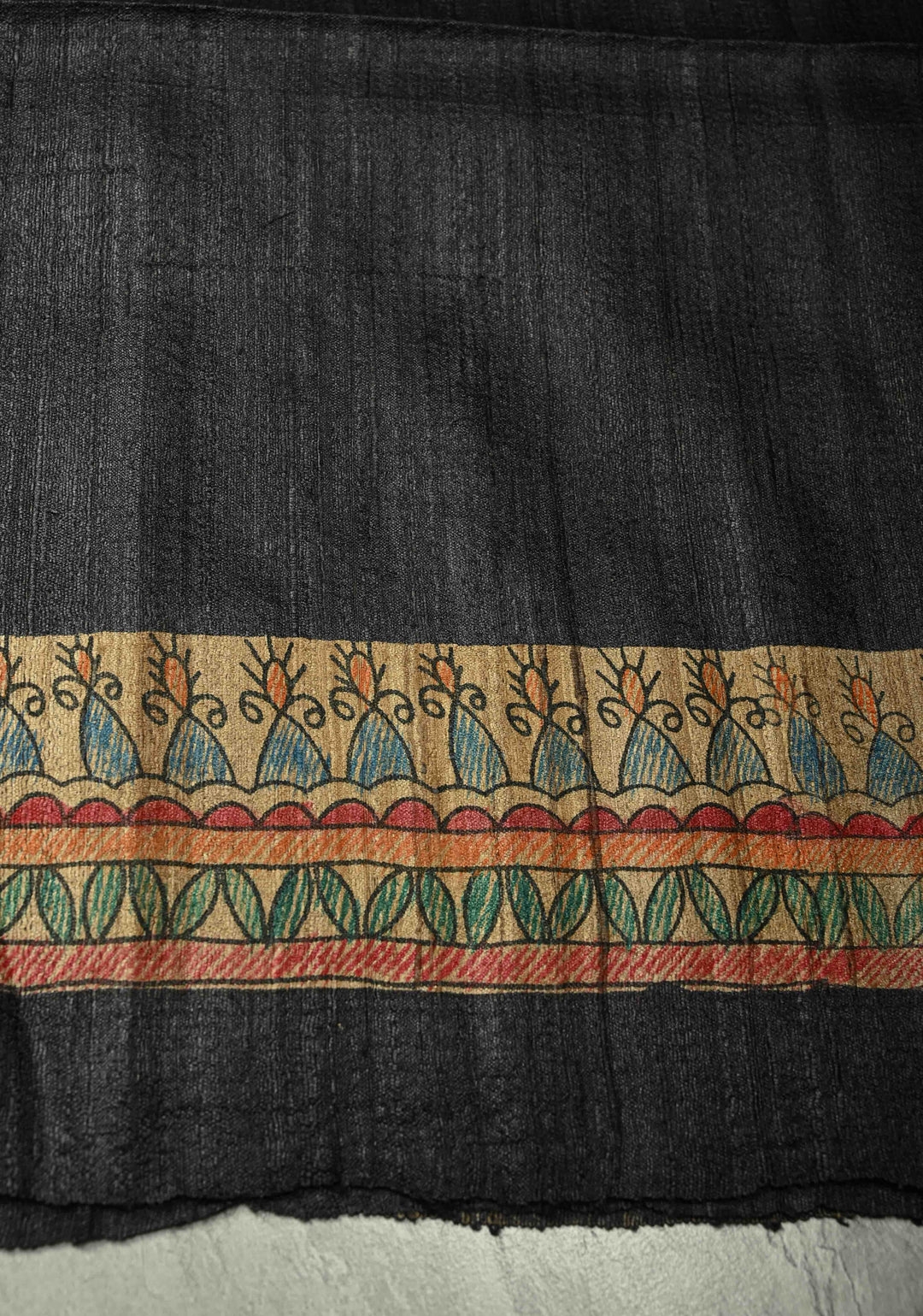 Black Pure Handloom Tussar Silk Saree with Block Print and Madhubani Hand-Painted on Border-Pallu | SILK MARK CERTIFIED