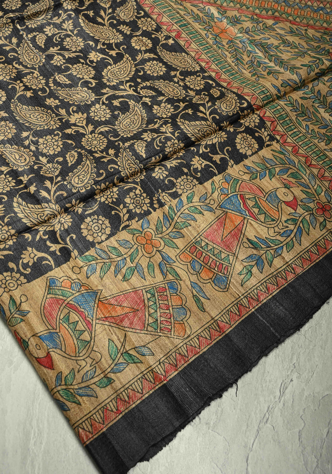 Black Pure Handloom Tussar Silk Saree with Block Print and Madhubani Hand-Painted on Border-Pallu | SILK MARK CERTIFIED