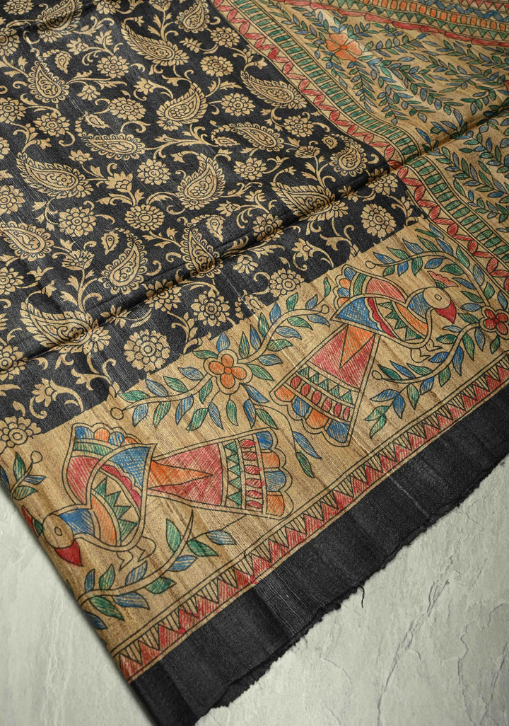 Black Pure Handloom Tussar Silk Saree with Block Print and Madhubani Hand-Painted on Border-Pallu | SILK MARK CERTIFIED
