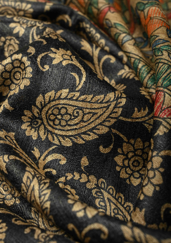 Black Pure Handloom Tussar Silk Saree with Block Print and Madhubani Hand-Painted on Border-Pallu | SILK MARK CERTIFIED