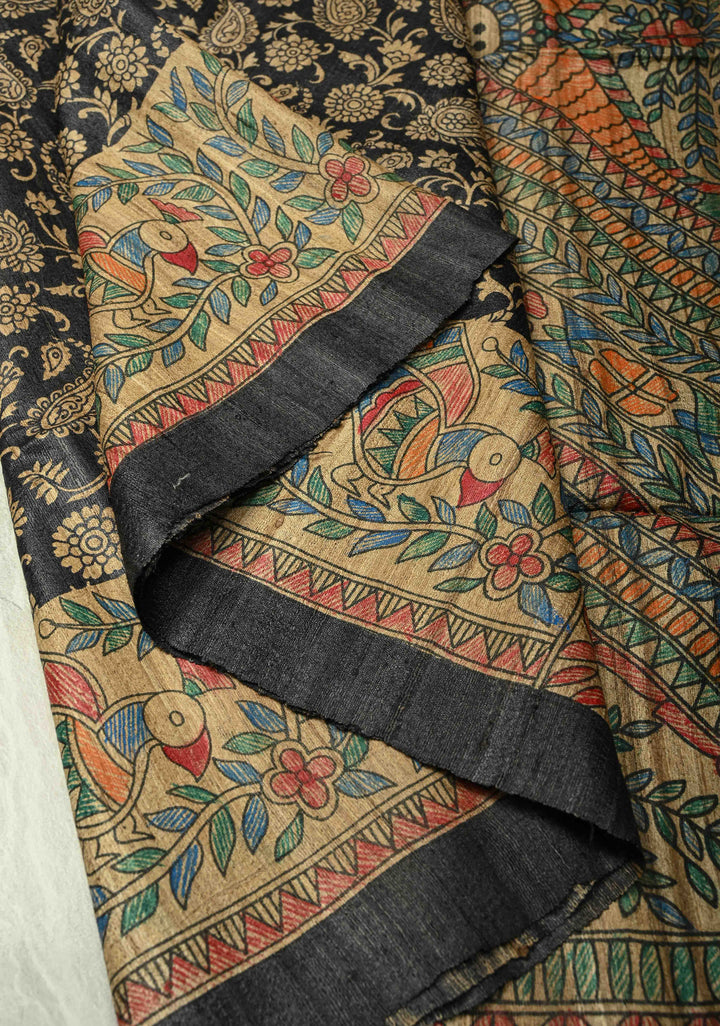 Black Pure Handloom Tussar Silk Saree with Block Print and Madhubani Hand-Painted on Border-Pallu | SILK MARK CERTIFIED