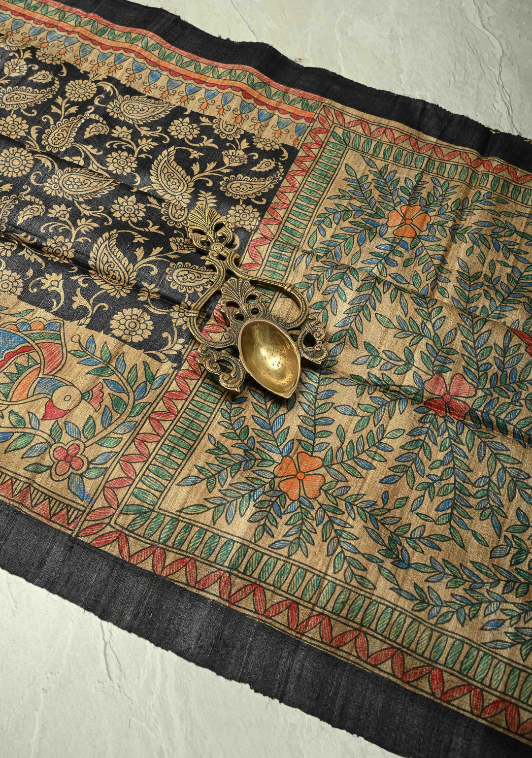 Black Pure Handloom Tussar Silk Saree with Block Print and Madhubani Hand-Painted on Border-Pallu | SILK MARK CERTIFIED