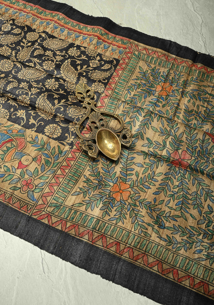 Black Pure Handloom Tussar Silk Saree with Block Print and Madhubani Hand-Painted on Border-Pallu | SILK MARK CERTIFIED
