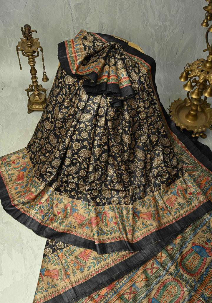 Black Pure Handloom Tussar Silk Saree with Block Print and Madhubani Hand-Painted on Border-Pallu | SILK MARK CERTIFIED