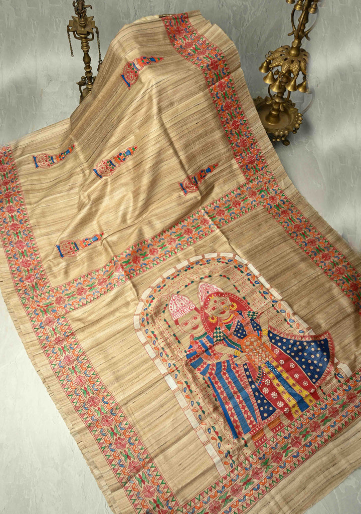Kora Color Pure Handloom Tussar Silk Saree with Bengali  Shaadi Madhubani Hand-Painted   | SILK MARK CERTIFIED