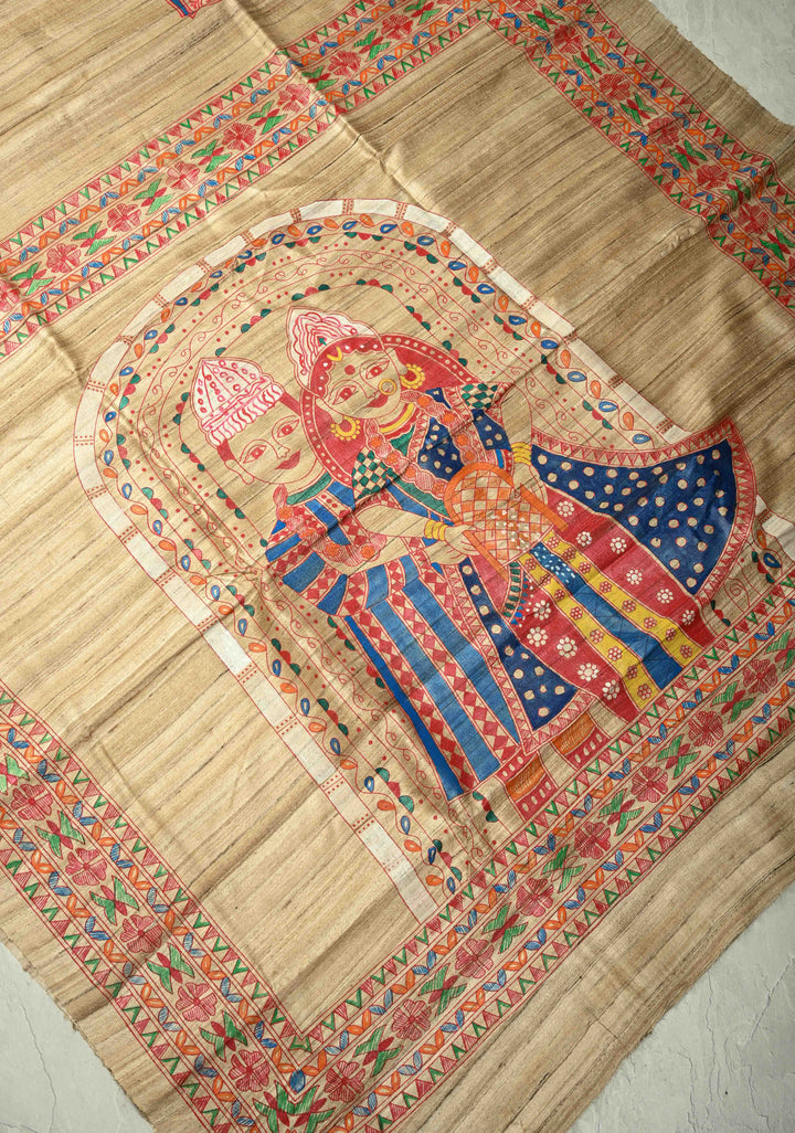 Kora Color Pure Handloom Tussar Silk Saree with Bengali  Shaadi Madhubani Hand-Painted   | SILK MARK CERTIFIED