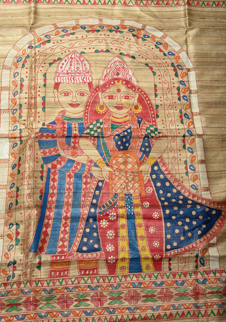 Kora Color Pure Handloom Tussar Silk Saree with Bengali  Shaadi Madhubani Hand-Painted   | SILK MARK CERTIFIED