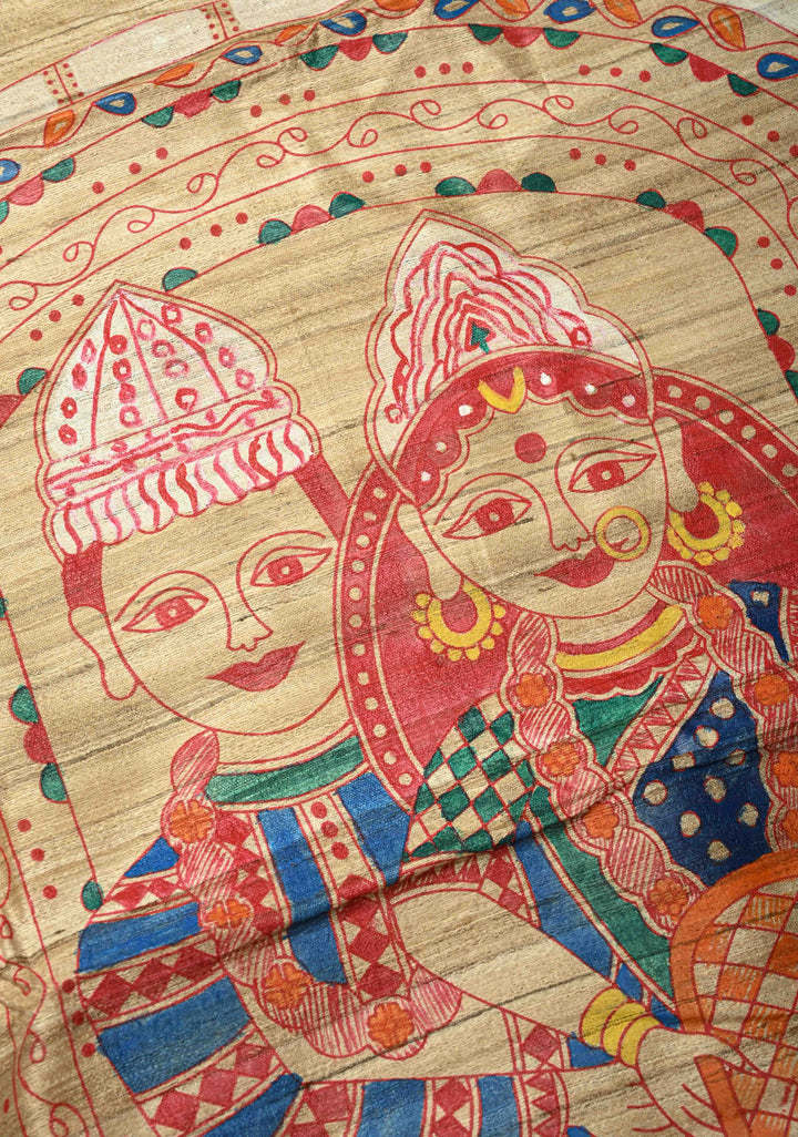 Kora Color Pure Handloom Tussar Silk Saree with Bengali  Shaadi Madhubani Hand-Painted   | SILK MARK CERTIFIED