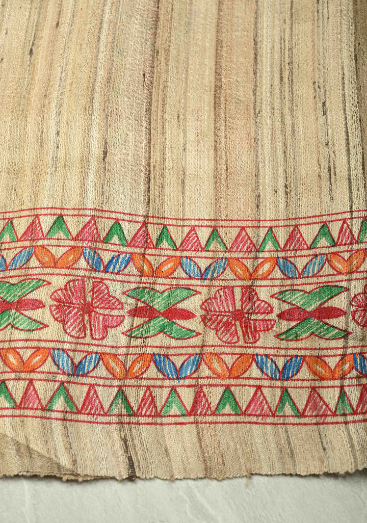 Kora Color Pure Handloom Tussar Silk Saree with Bengali  Shaadi Madhubani Hand-Painted   | SILK MARK CERTIFIED