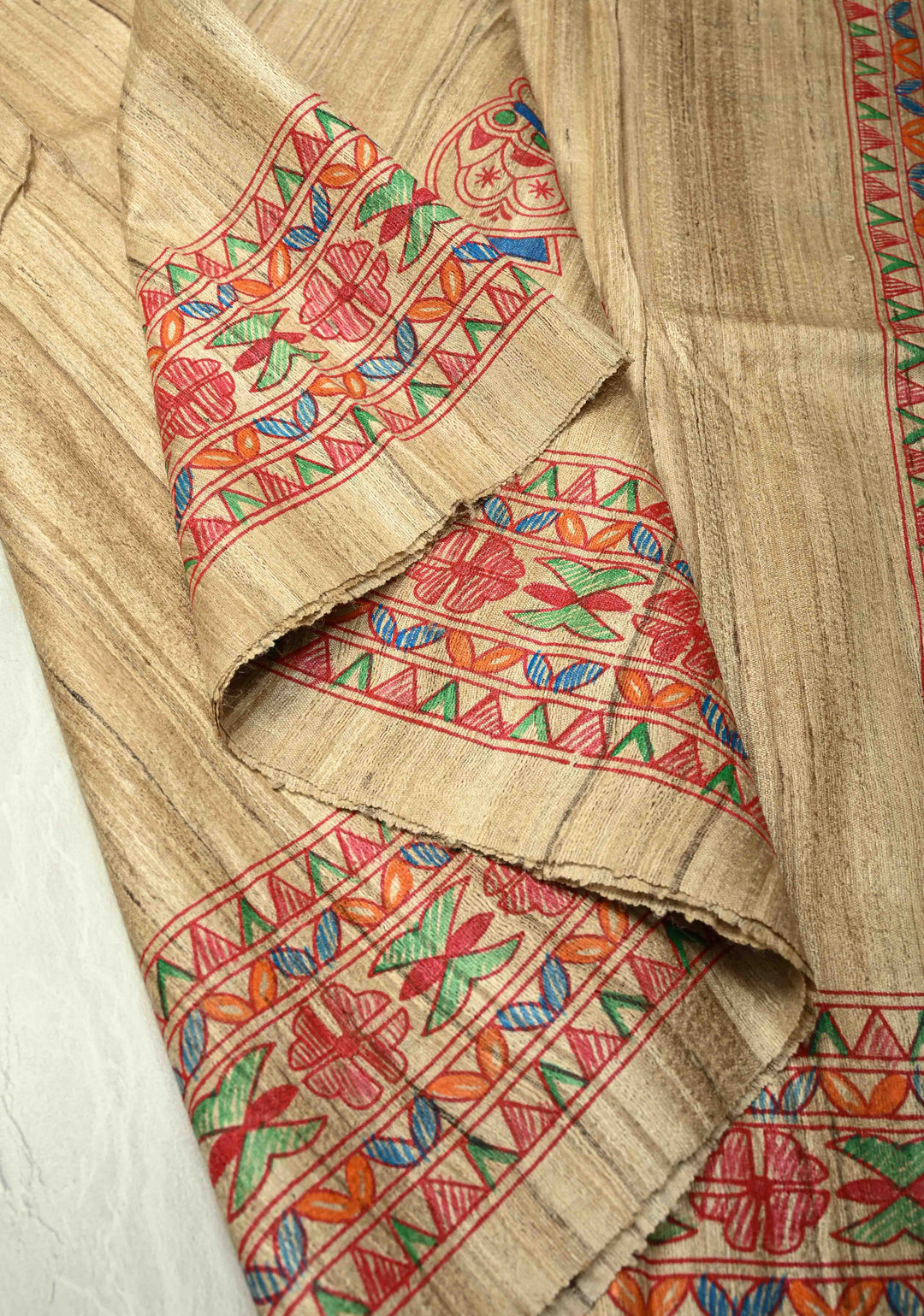 Kora Color Pure Handloom Tussar Silk Saree with Bengali  Shaadi Madhubani Hand-Painted   | SILK MARK CERTIFIED