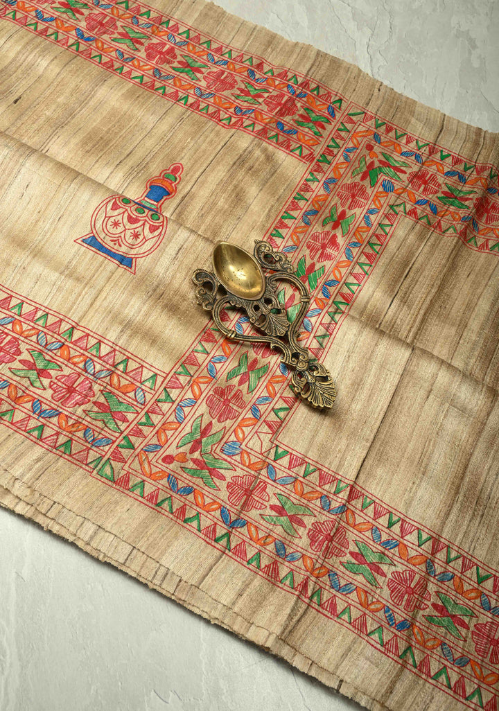 Kora Color Pure Handloom Tussar Silk Saree with Bengali  Shaadi Madhubani Hand-Painted   | SILK MARK CERTIFIED